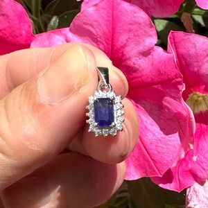 BRAND NEW Sapphire Halo Pendant, Sterling Silver